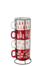 J-Line kop Kerstmis Dolomiet - keramiek - rood/wit - set van 4
