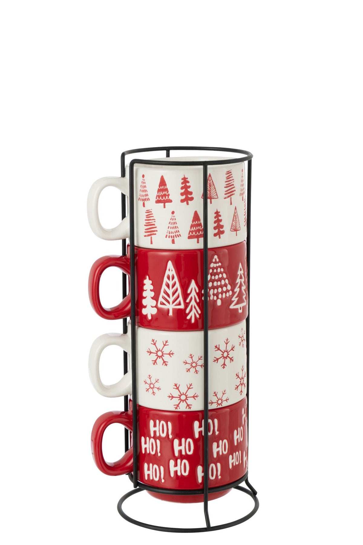 J-Line kop Kerstmis Dolomiet - keramiek - rood/wit - set van 4