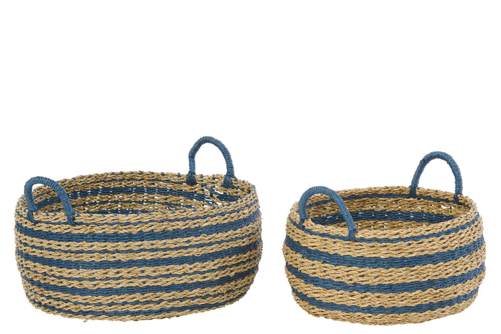 J-Line mand Gestreept - ijzer/papier - blauw/naturel - set van 2