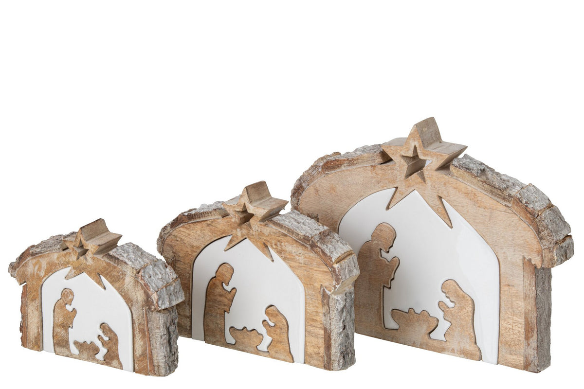 J-Line Kerststal - mangohout - naturel/wit - large