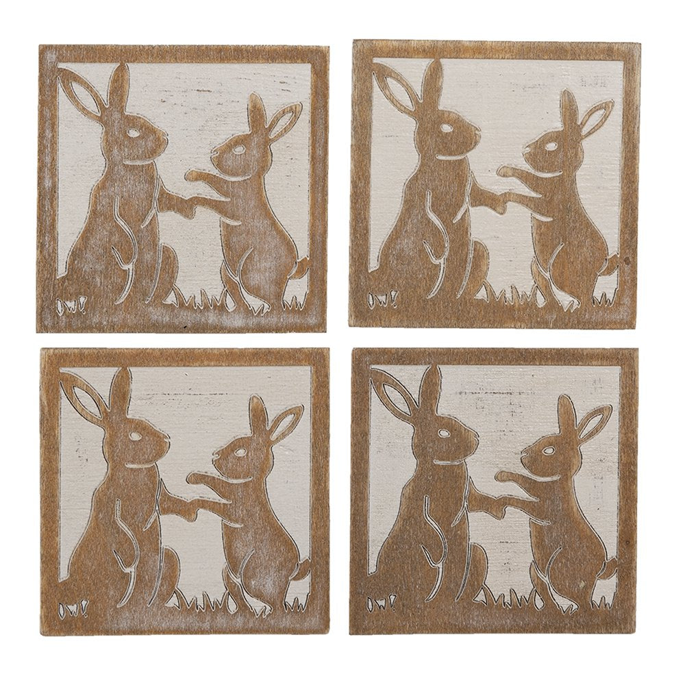 Onderzetters voor Glazen Set van 4 10x10 cm Bruin Hout Hazen Onderlegger
