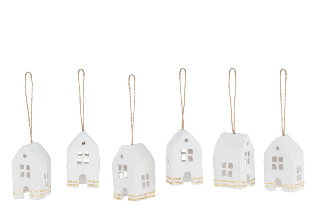 J-Line kersthanger Huis - katoen maché - wit/goud - doos van 6