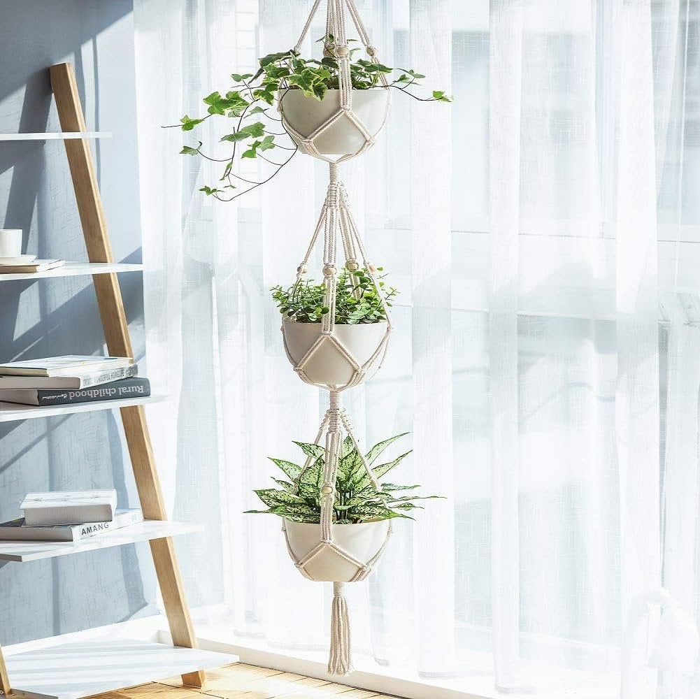 Katoenen verticale hangende plantenbak - Macrame Weave - Set van drie eenheden