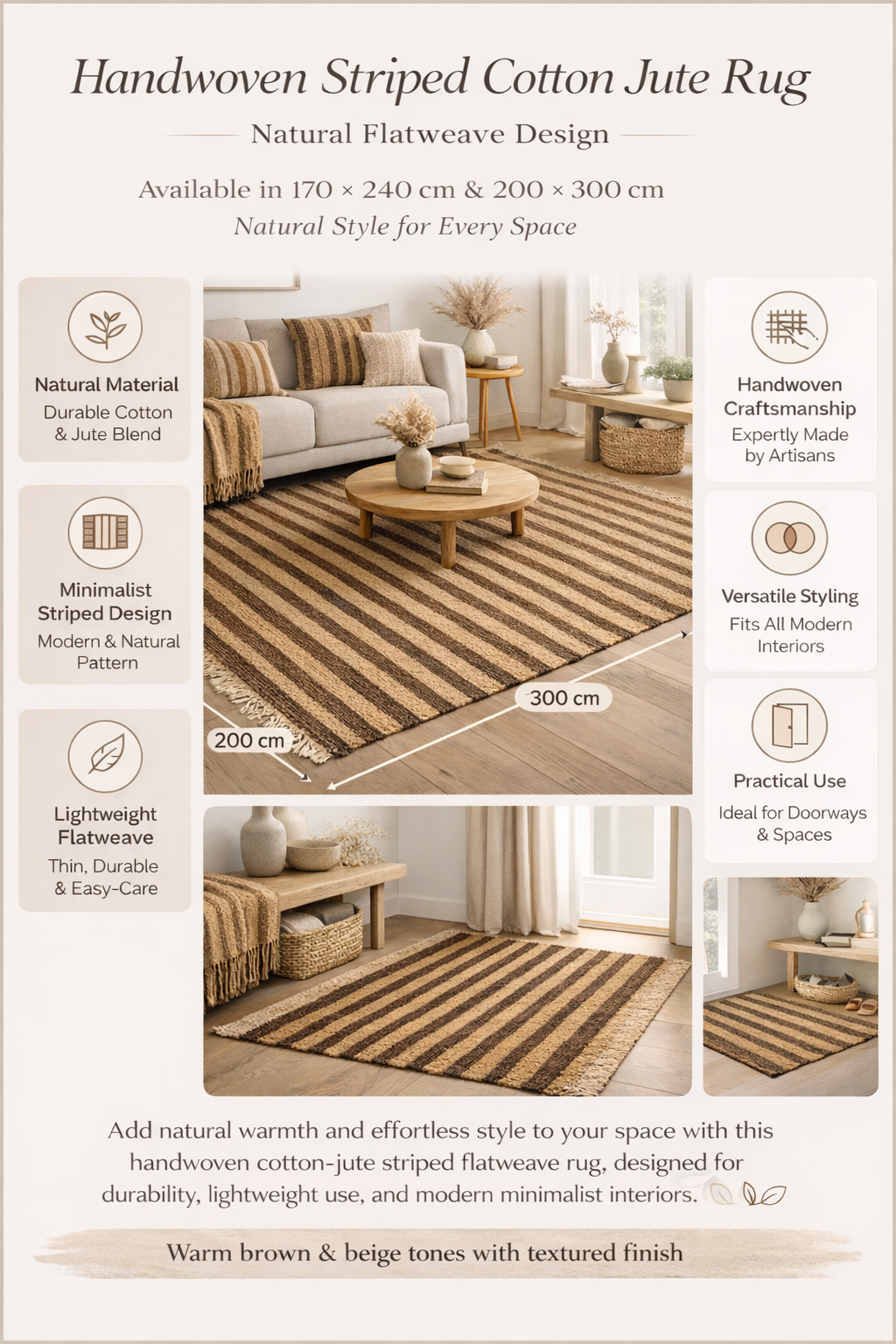 Handgeweven gestreept vloerkleed – katoenjute naturel design