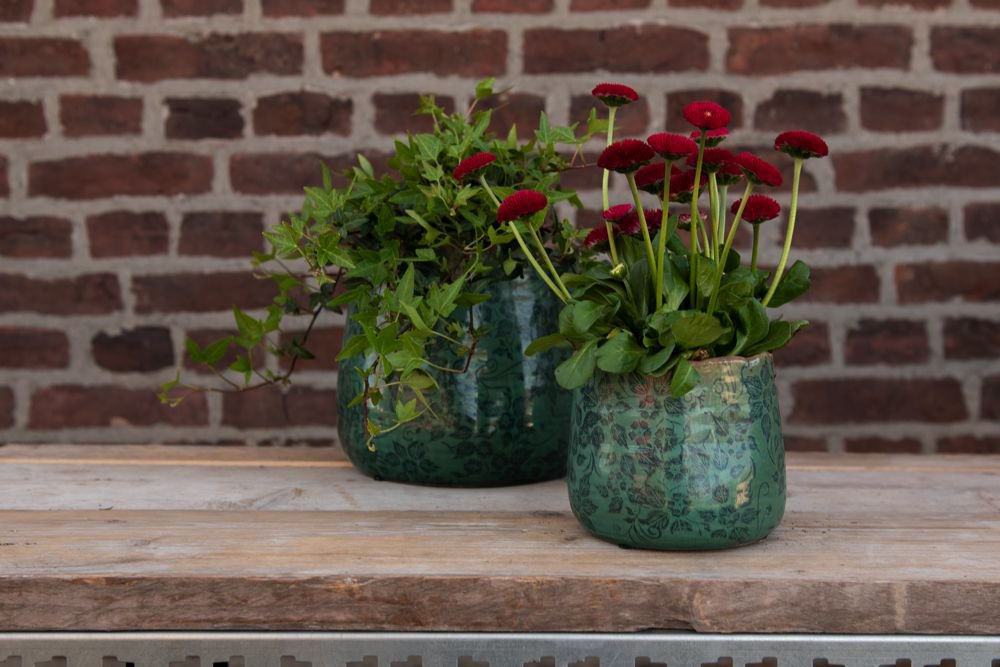 Bloempot Ø 13x11 cm Groen Keramiek Bladeren Bloempot Binnen