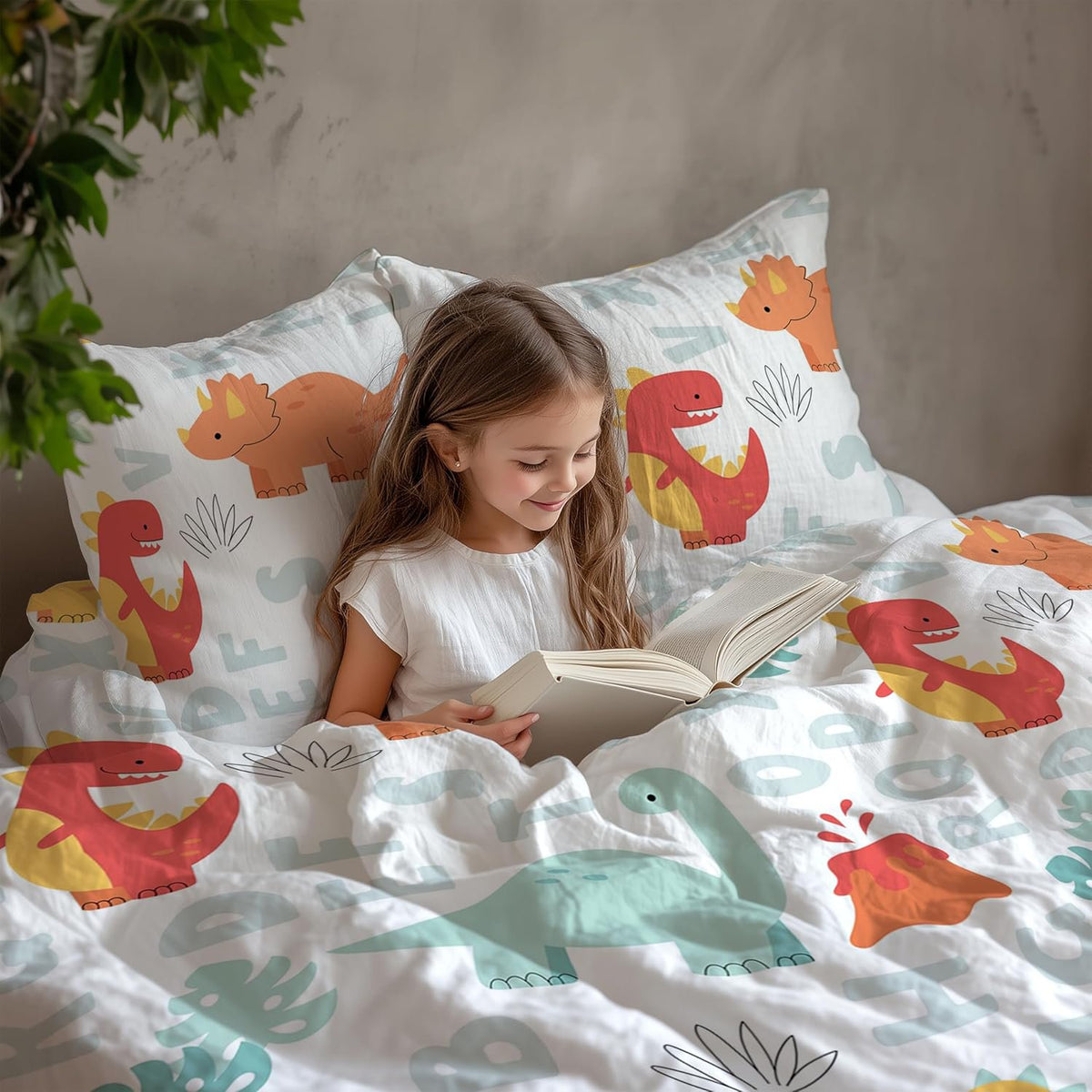 Lakenset voor eenpersoonsbedden - 100% katoen 144TC - Dino-print met alfabet voor kinderen