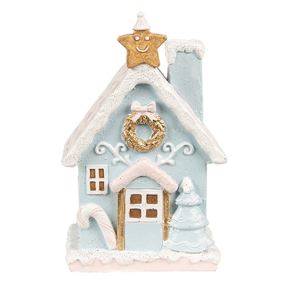 Gingerbread house met LED 9x8x15 cm Blauw Polyresin