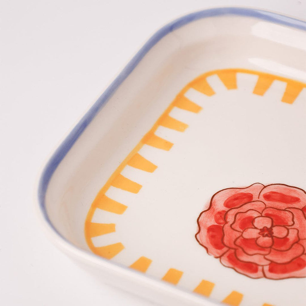 Handbeschilderd keramieken serveerbord vierkant - bloemmotief, 15,5 cm
