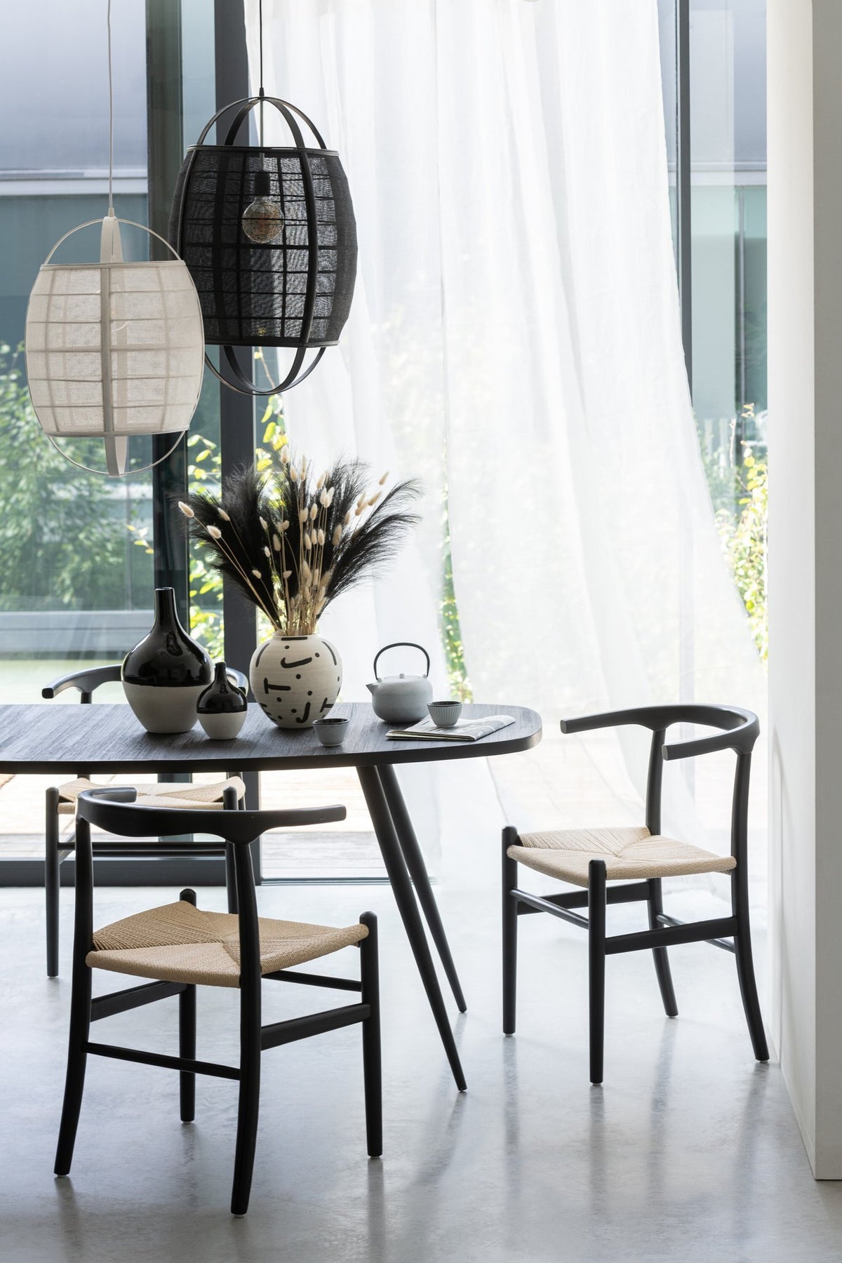 J-Line Hanglamp Ion Linnen/Bamboe Zwart Small