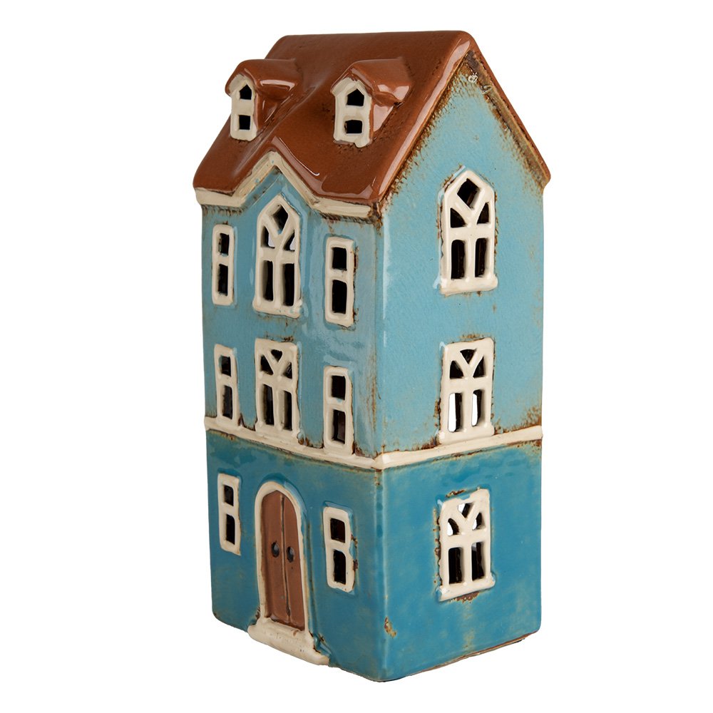 Waxinelichthouder Huis 11x9x22 cm Blauw Bruin Keramiek Theelichthouder