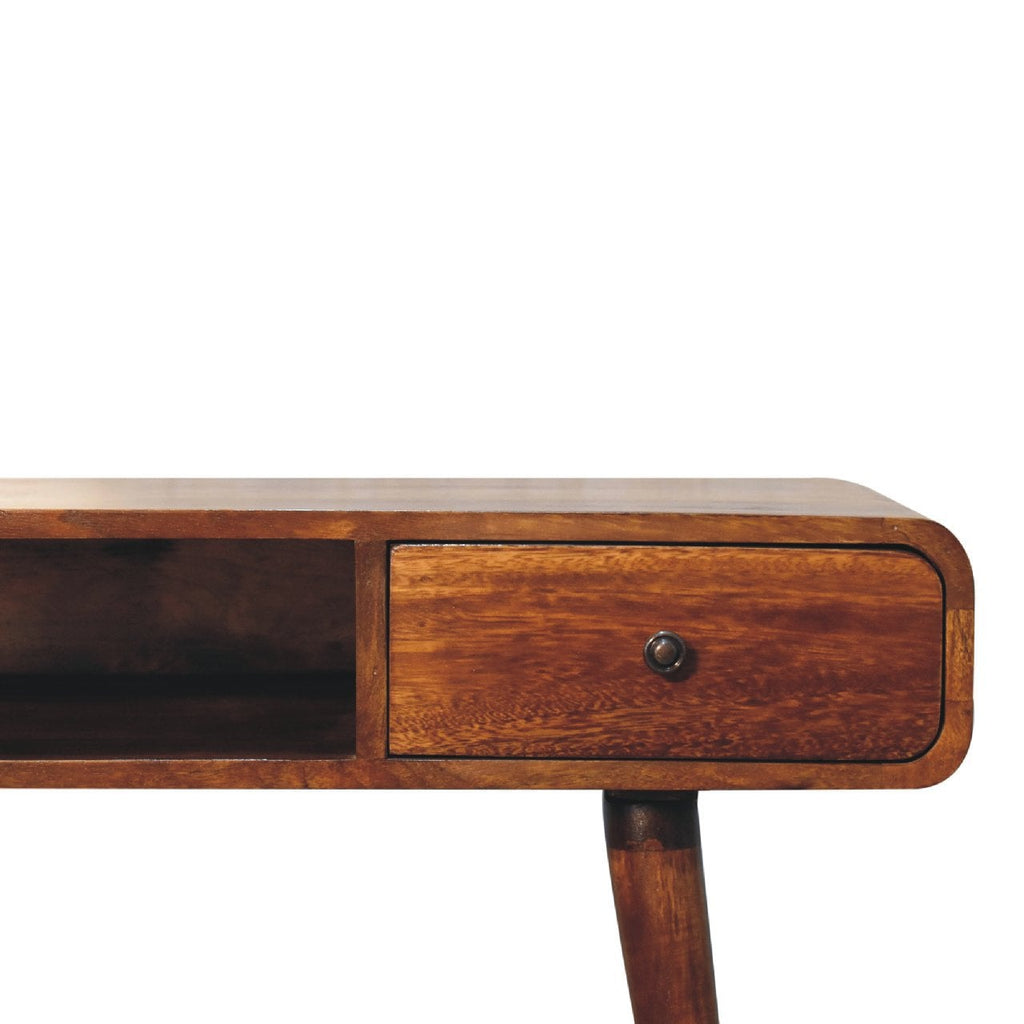 Gebogen kastanje bureau van , 1 lade, 1 open plank, bruin