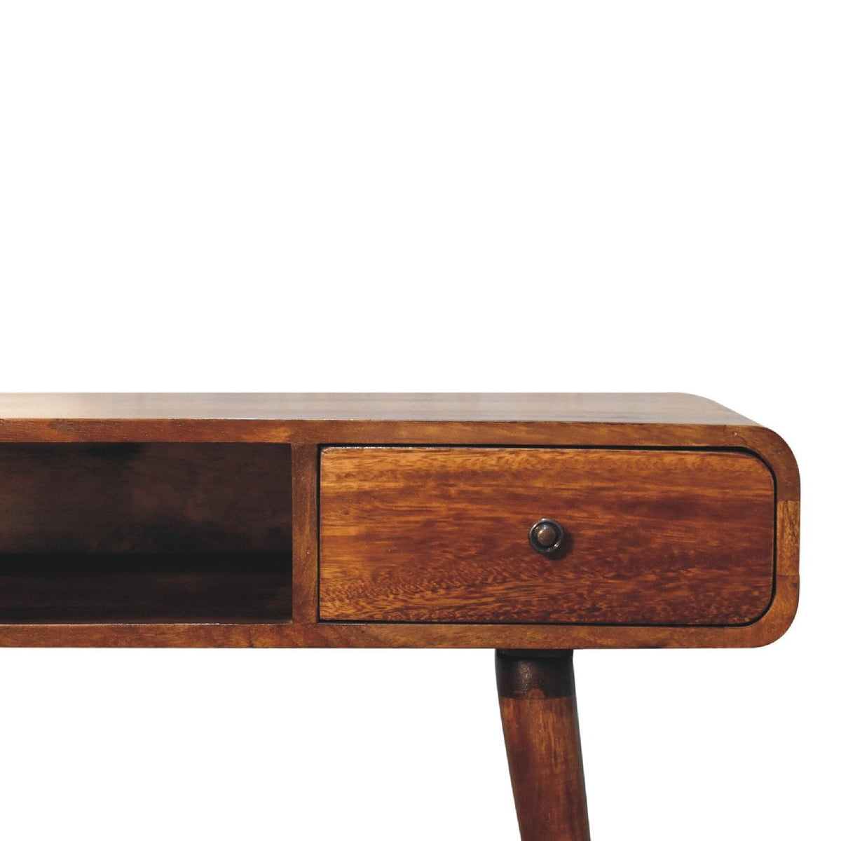 Gebogen kastanje bureau van , 1 lade, 1 open plank, bruin