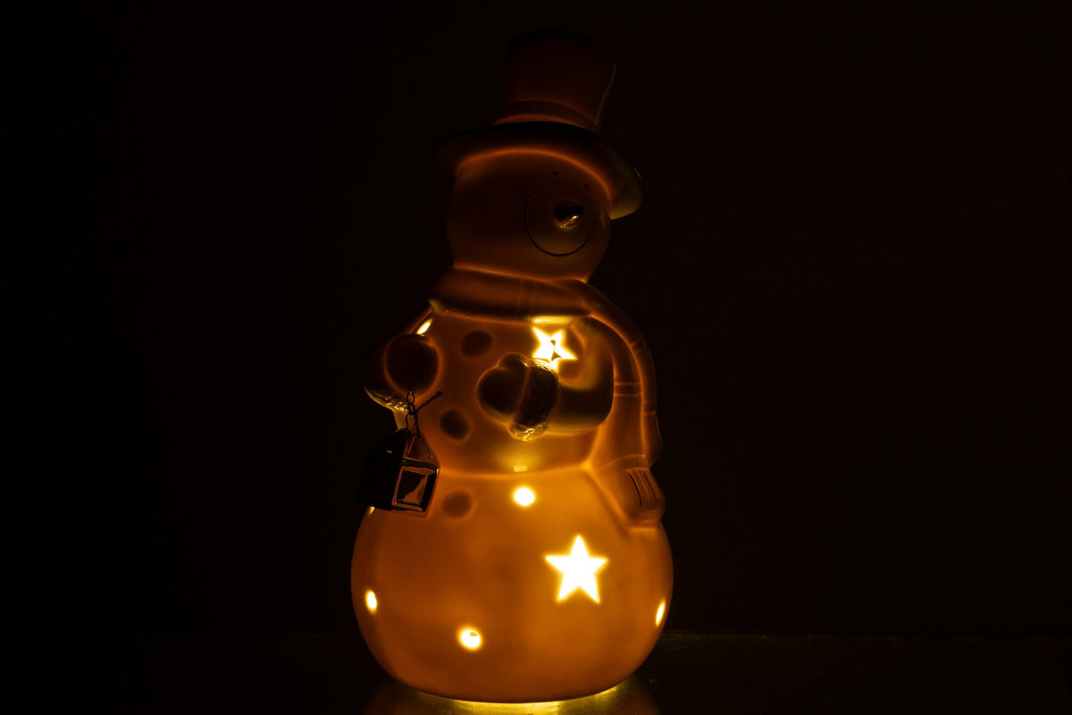 J-Line figuur Sneeuwman - porselein - ecru - L - LED lichtjes