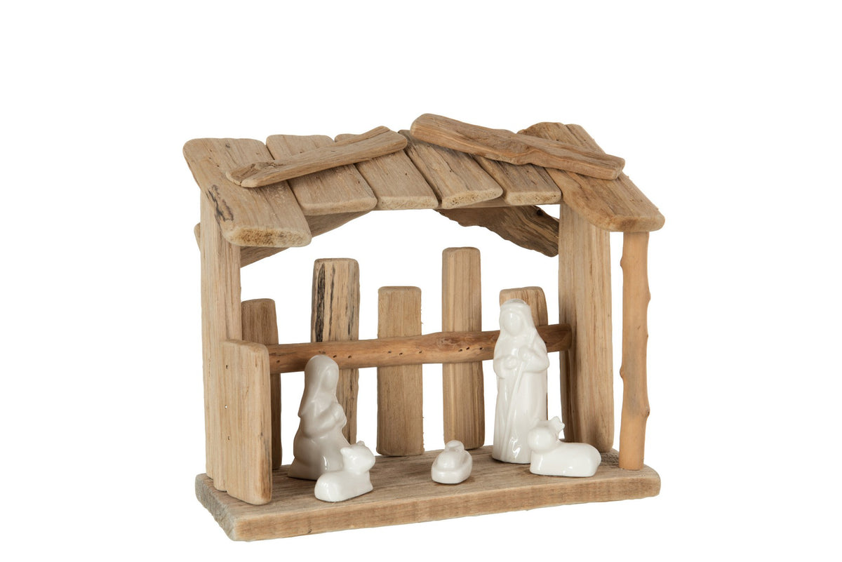 J-Line Kerststal Plat Dak Hout/Keramiek Naturel/Wit
