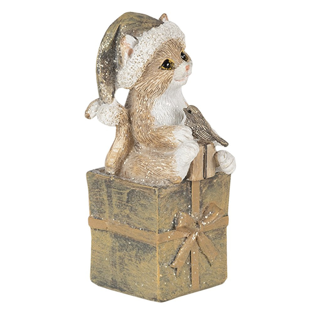 Beeld Kat 5x4x10 cm Bruin Wit Kunststof Kerstdecoratie