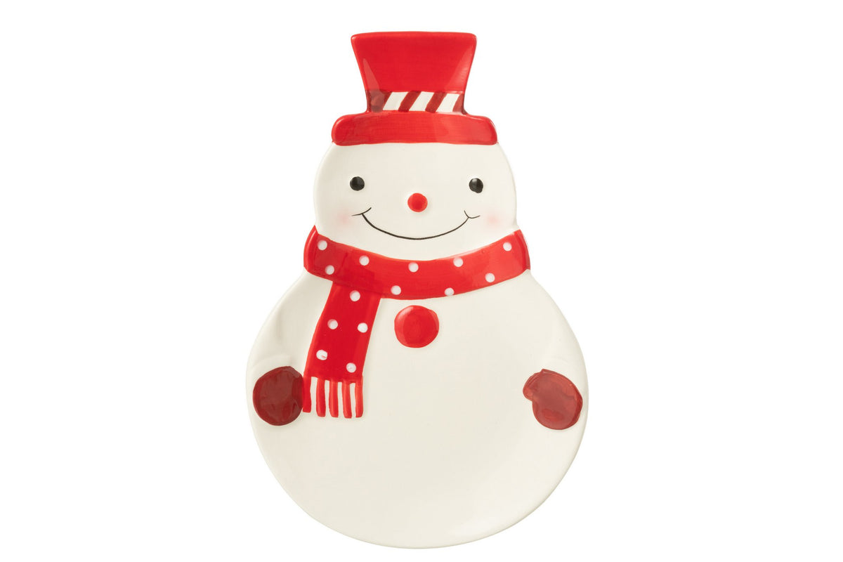 J-Line schaal Sneeuwpop Dolomiet - keramiek - kerstrood/wit