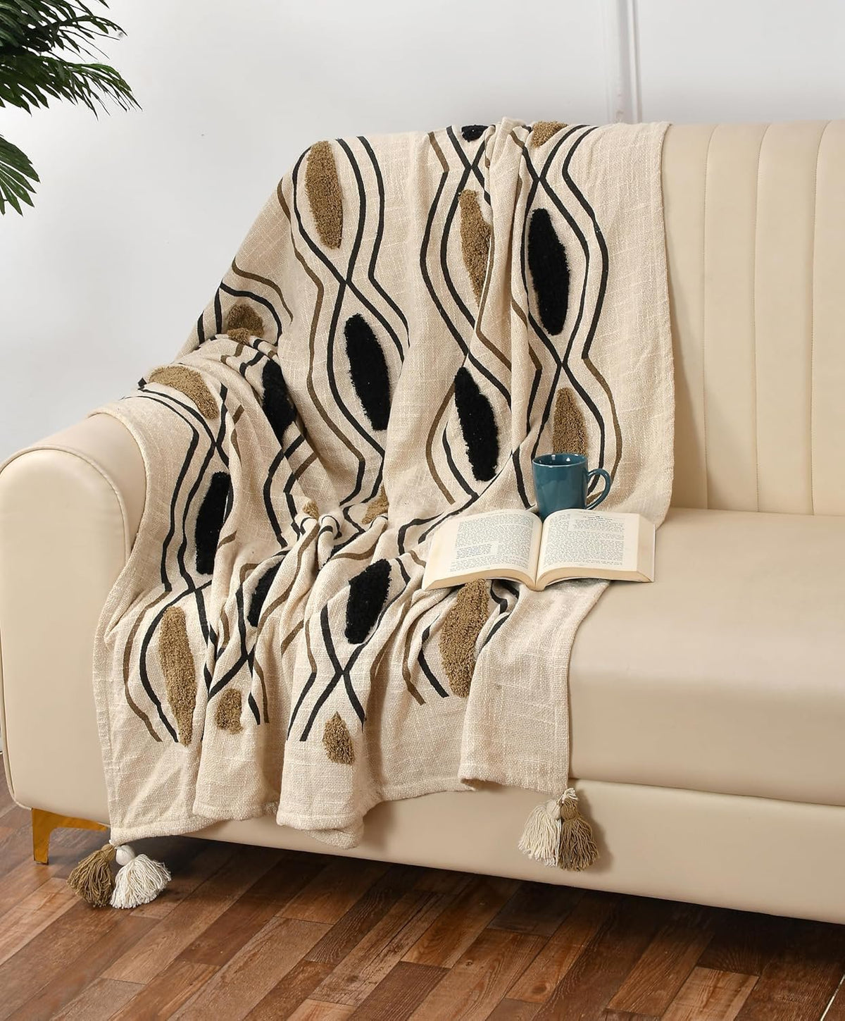 Plaid met beige zwart patroon – katoenen deken – natuurlijke geweven basis – 180x130 cm