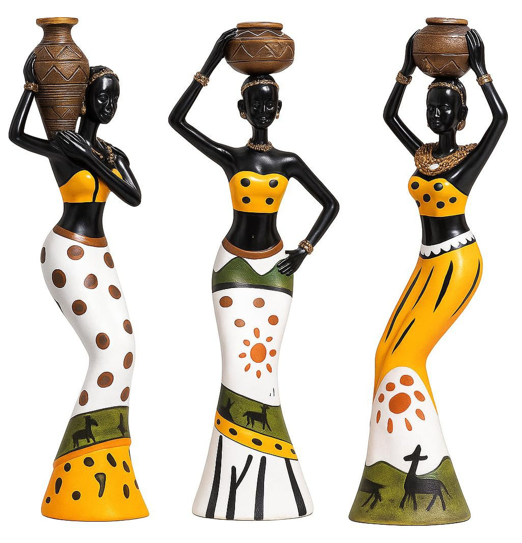 Decoratieve beeldjes van hars – handgemaakte tribale kunst – set van 3 (meerkleurig)