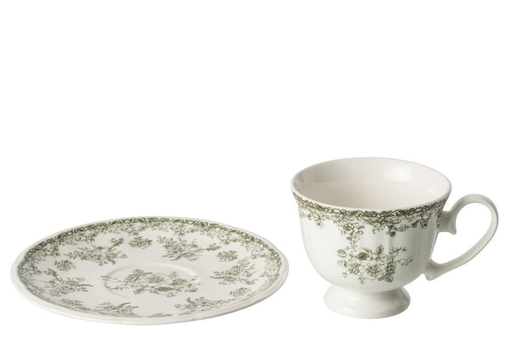 J-Line kopje + schoteltje Bloemen - keramiek - donkergroen/wit