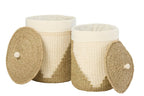 J-Line mand + deksel - ijzer/papier - wit/naturel - set van 2