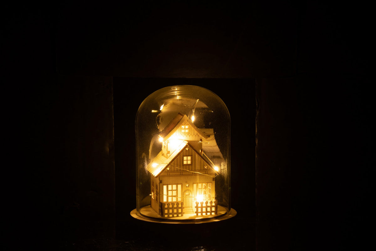 J-Line decoratie Stolp Winter Huis - hout/glas - naturel - LED