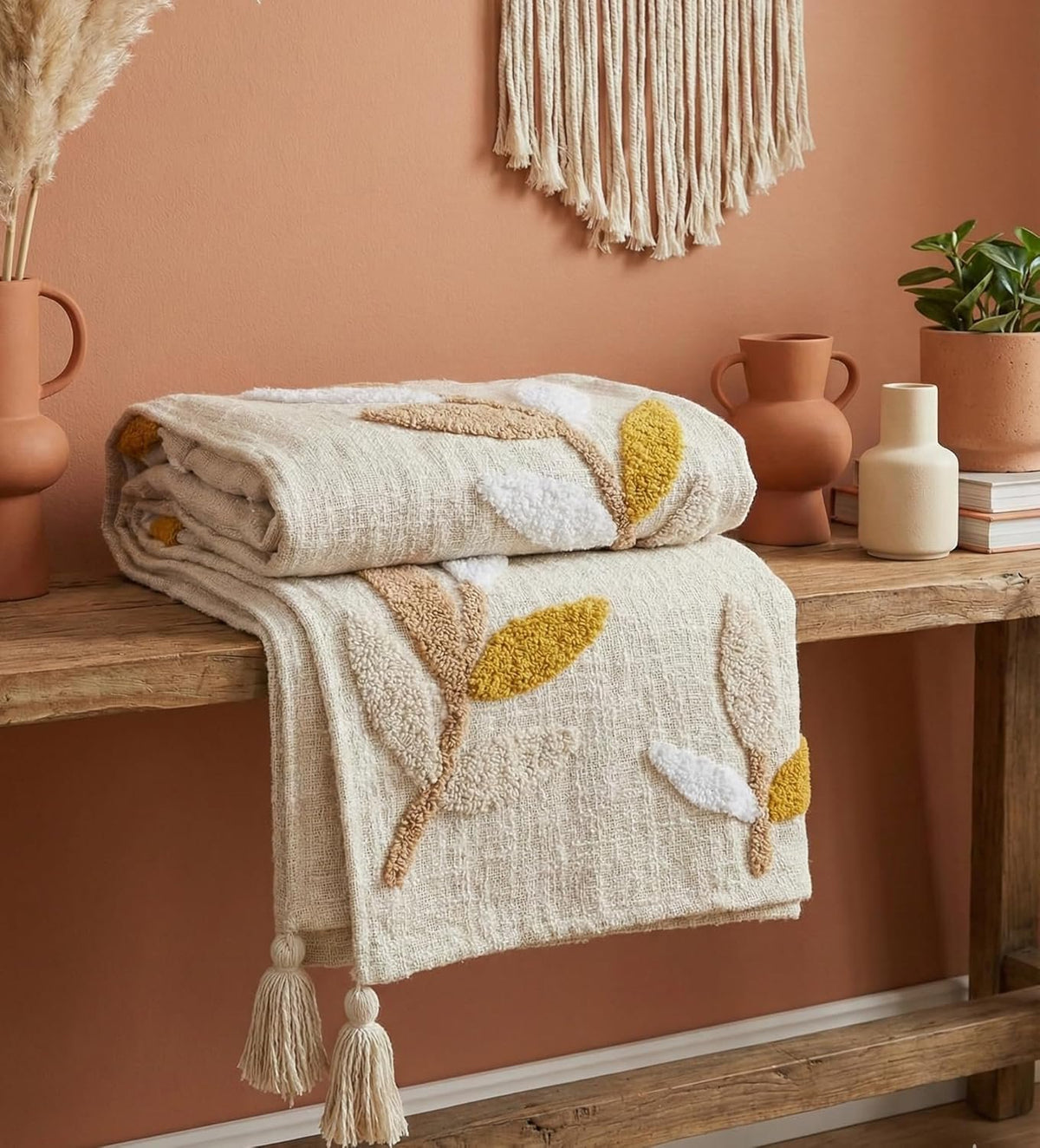 Handgetufte katoenen banksprei en kussenset – bij elkaar passend 3-delig decor – 50x60" plaid, 2x 16x16" hoezen