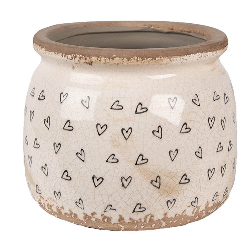 Bloempot Ø 16x13 cm Beige Zwart Keramiek Hartjes Bloempot Binnen