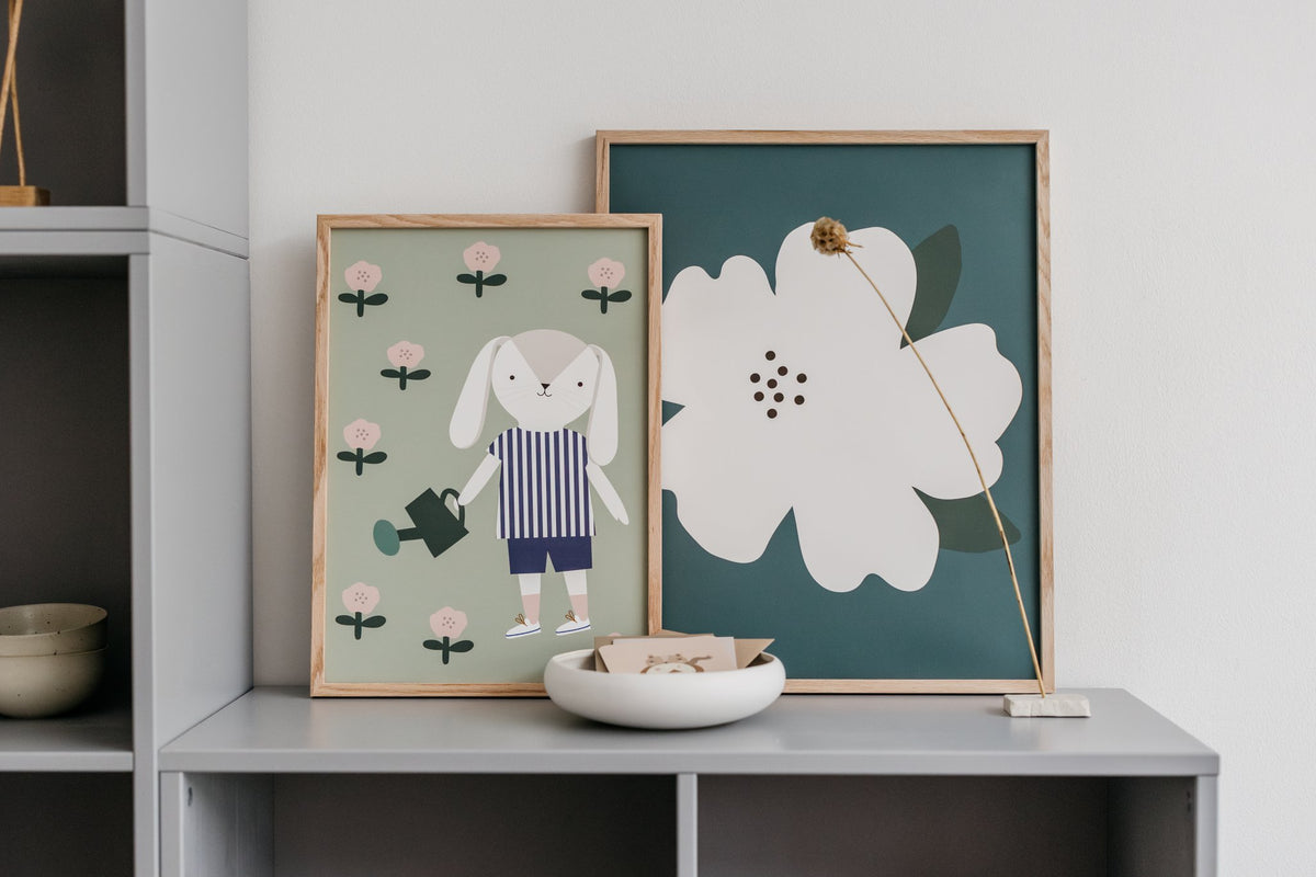 Poster Konijn Otja tuinieren - Groen, Eco Papier & Verpakking