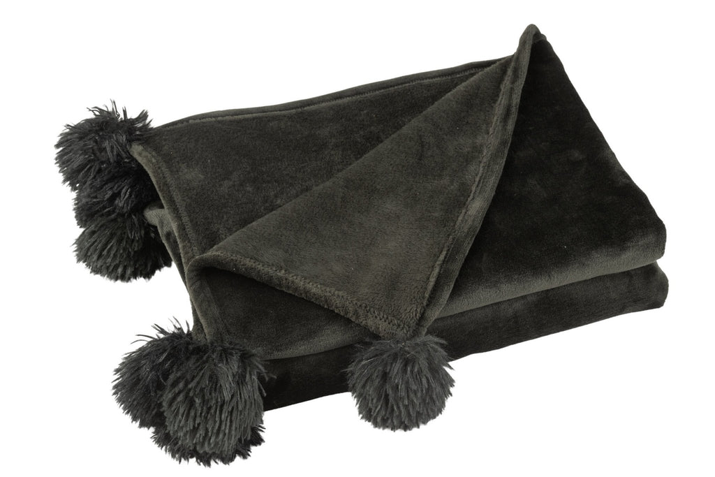 J-Line plaid Pompom - polyester - zwart - 170 x 130 cm