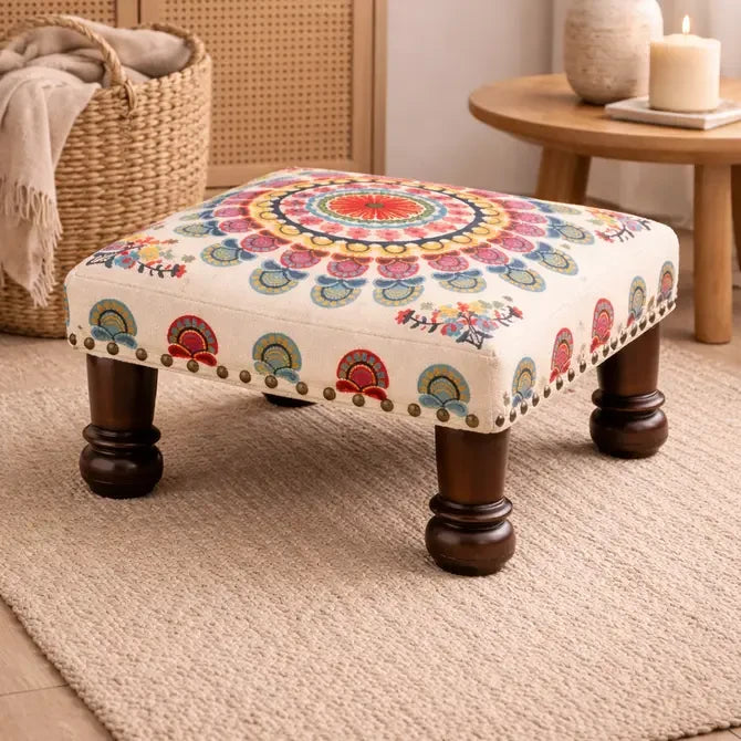 Mystic Mandala katoenen voetenbank met houten poten