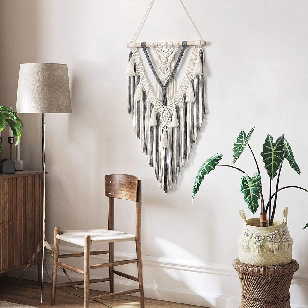 Macrame muurhanger – decoratief accent – natuurlijk touw, houten plug