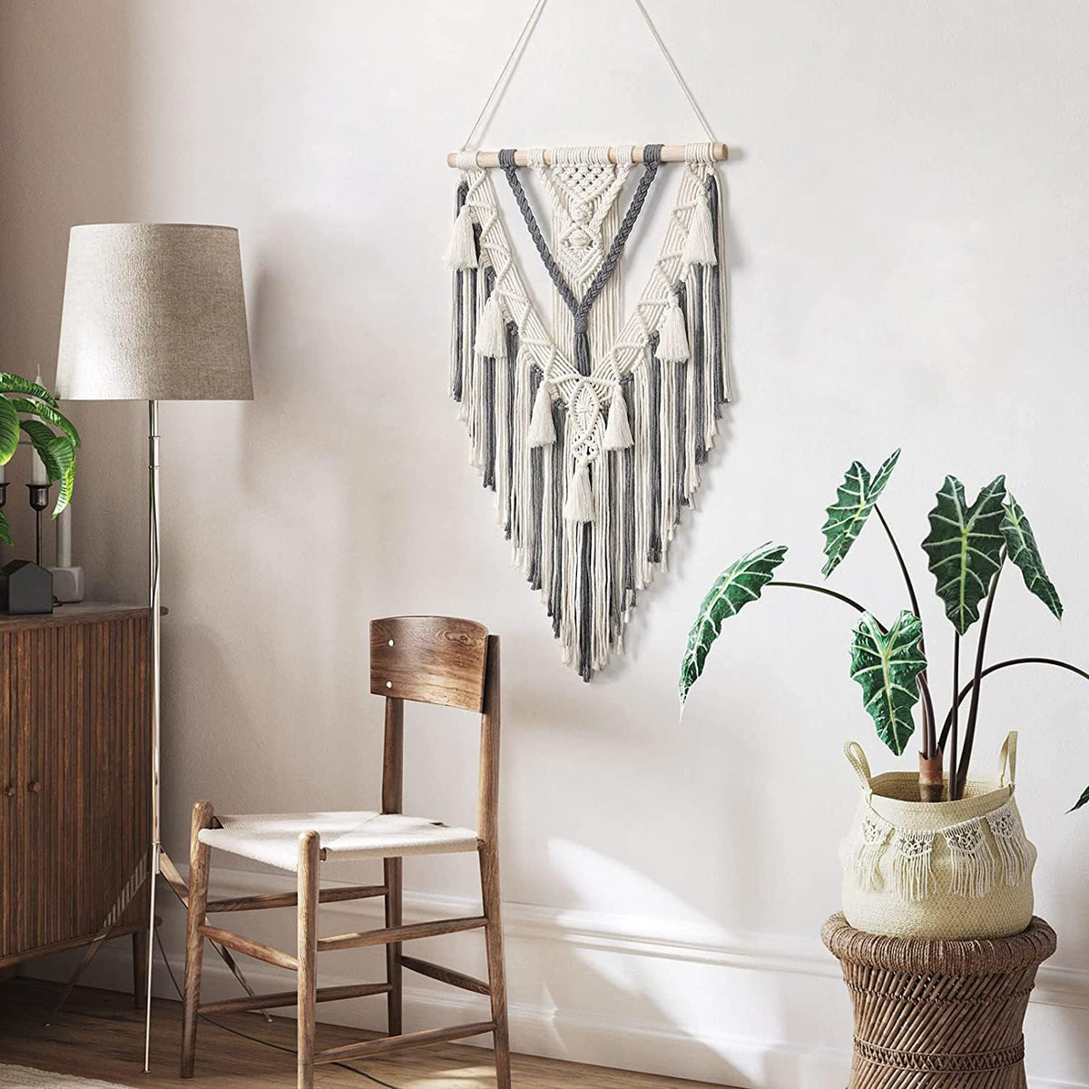 Macrame muurhanger – decoratief accent – natuurlijk touw, houten plug