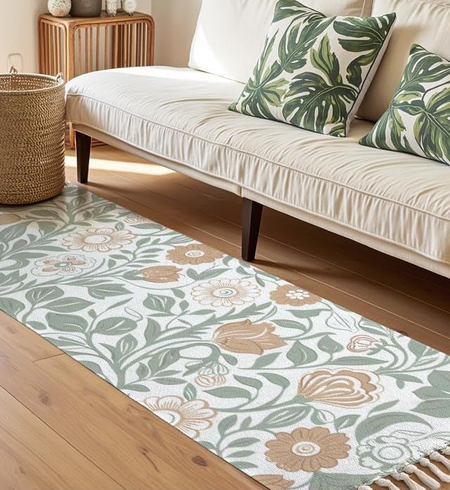 Handgeweven katoenen nachtkastje – wasbaar – 2x5 ft groene bloemen