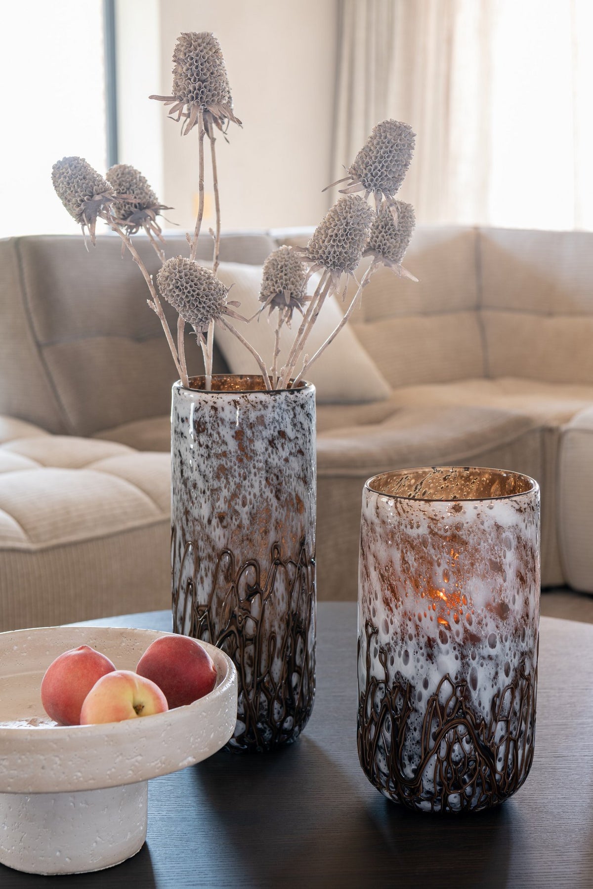 J-Line vaas/kandelaar Petra - glas - bruin/wit - large - 14 cm hoog- LC