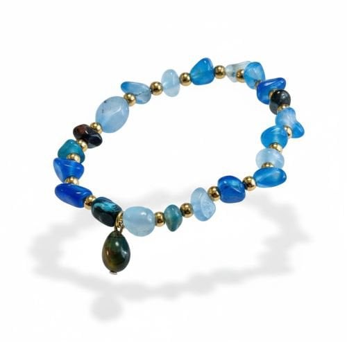 Dames armband blauwe Agaat met goudkleurige RVS tussenkralen