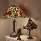 Tiffany Tafellamp Ø 46x64 cm Rood Blauw Glas Roos Tiffany Bureaulamp