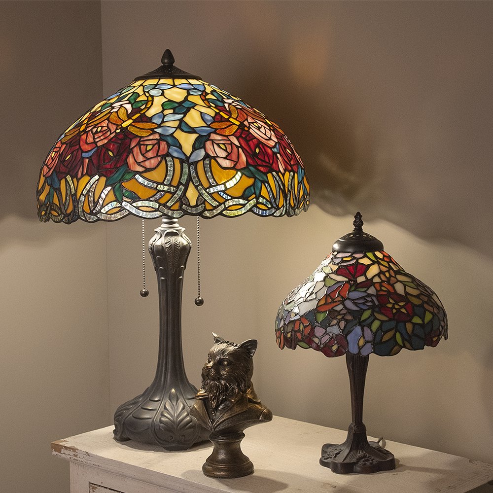 Tiffany Tafellamp Ø 46x64 cm Rood Blauw Glas Roos Tiffany Bureaulamp