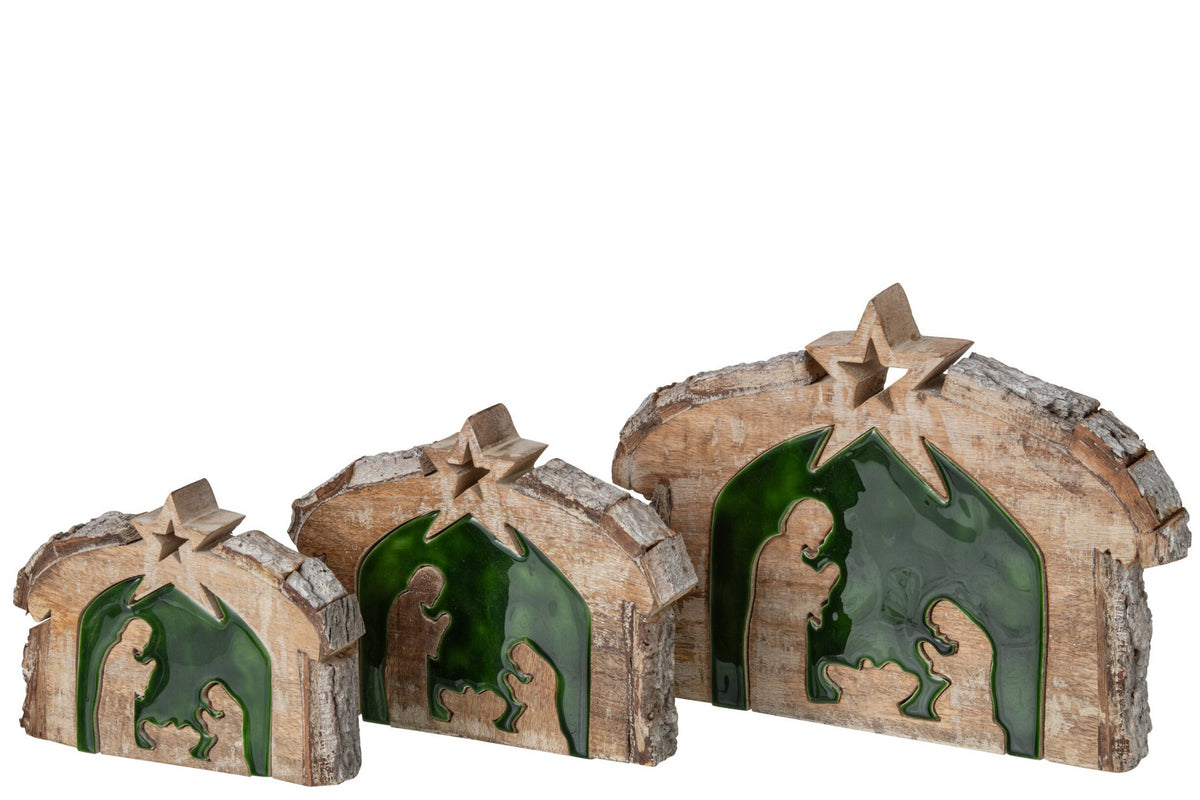 J-Line Kerststal met schors - mangohout - naturel/donkergroen - large