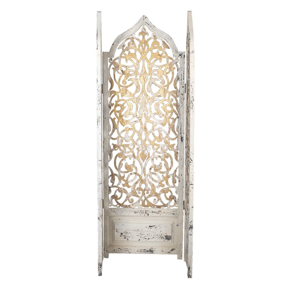 Kamerscherm Wit Goudkleurig, Hout 124x3x186 cm