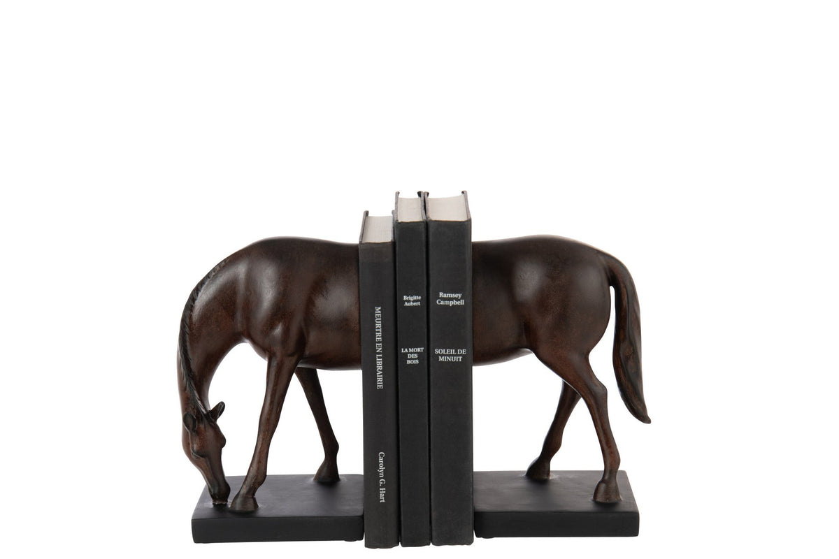 J-Line boekensteun Paard - polyresin - donkerbruin - set van 2