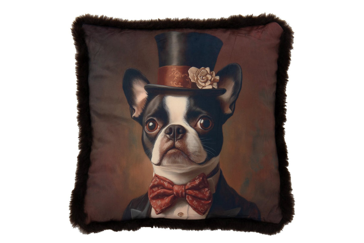 J-Line kussen Bulldog + Hoed - polyester - bruin