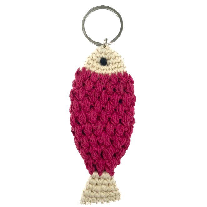 Luna-Leena sleutelhanger vis - tasbedel - fuchsia - biologisch katoen - hand gehaakt in Nepal - tassenhanger