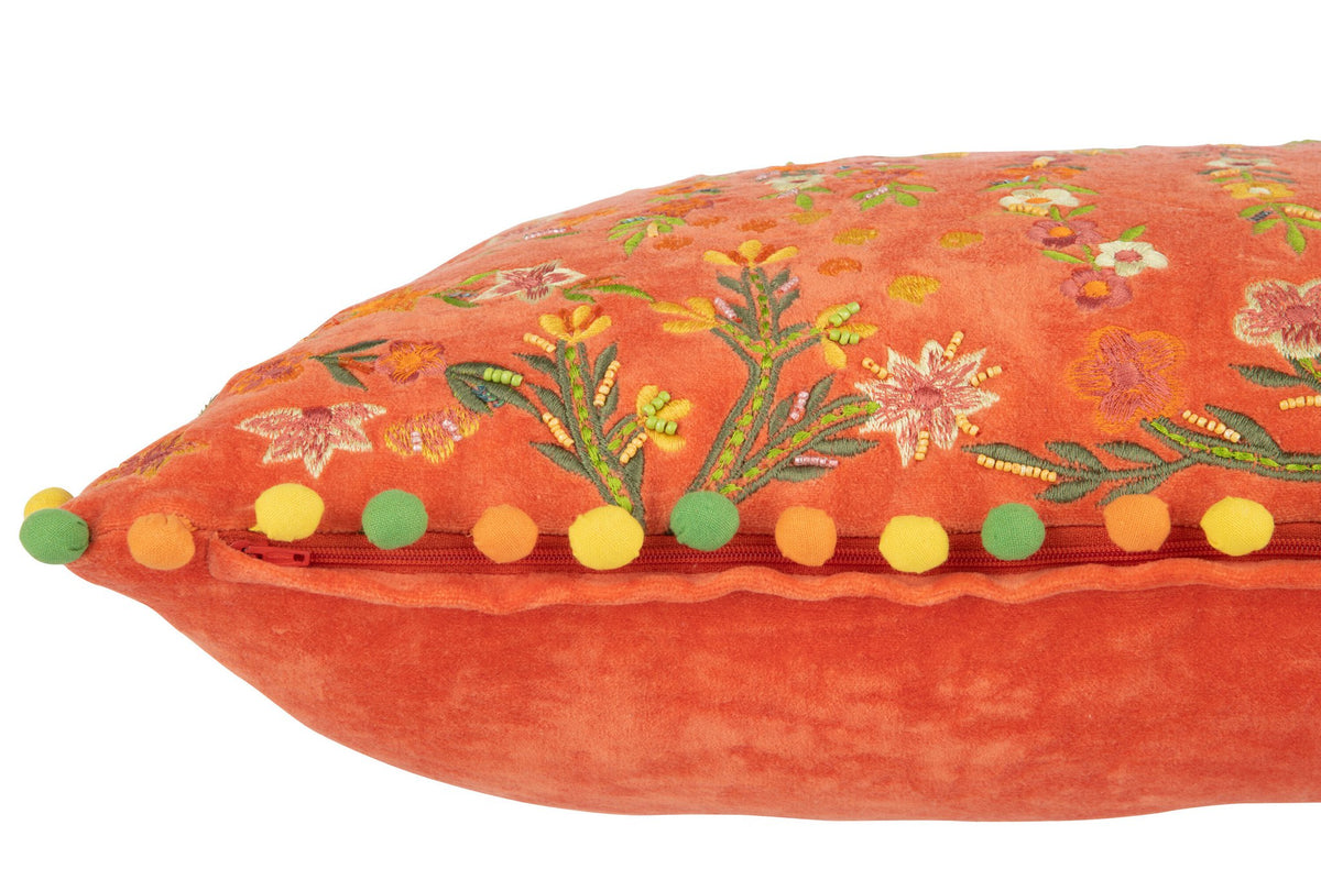 J-Line kussen Rechthoek Bloemen + Pompoms - fluweel - oranje