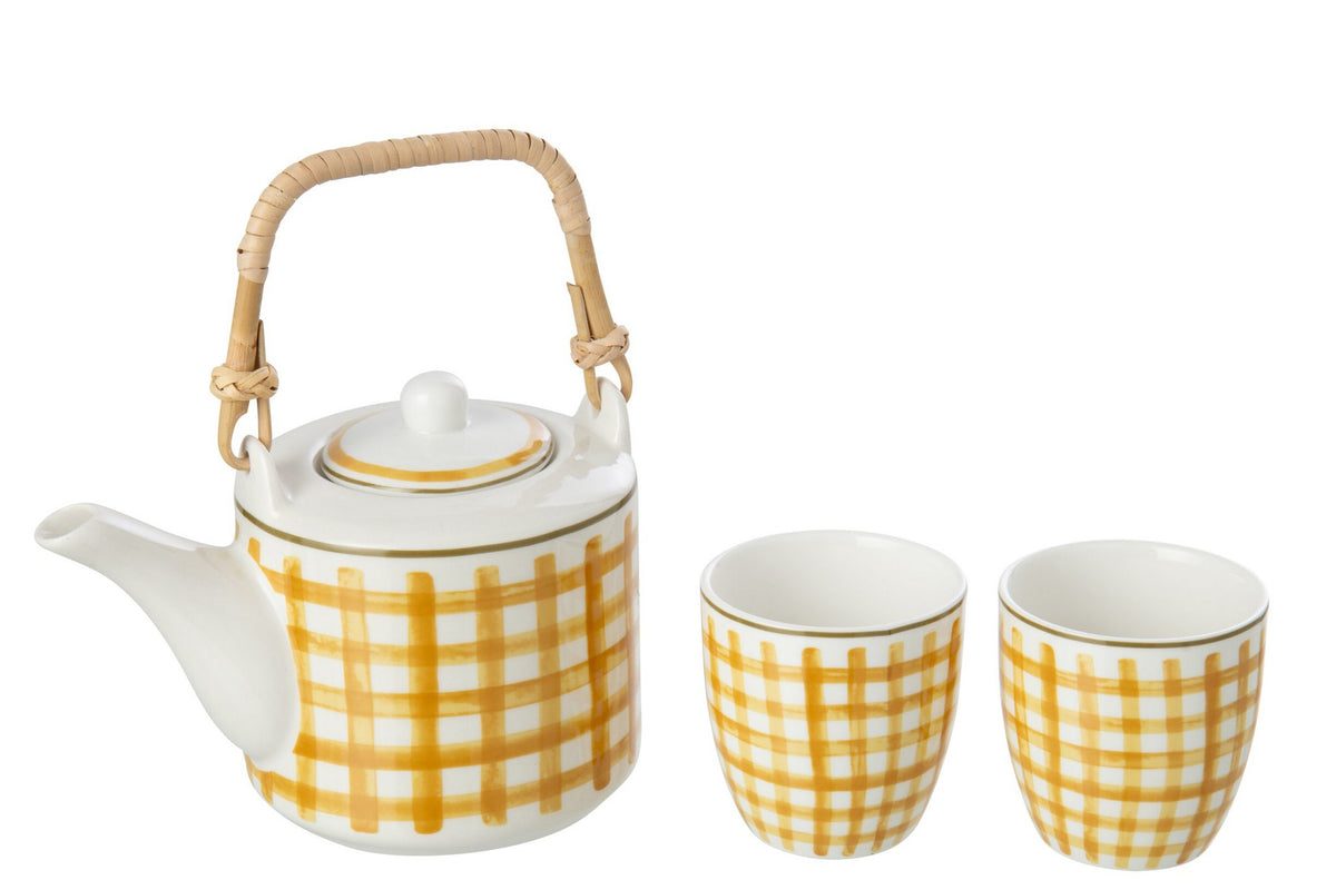 J-Line theepot + kopjes - steengoed - mosterdgeel