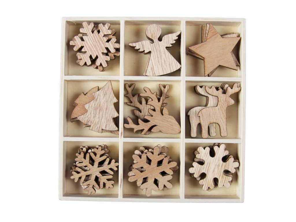 Houten decoratie kerst assortie 36st 3.5-4cm naturel