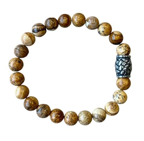 Heren armband gele Jaspis 8 mm met vlecht kraal