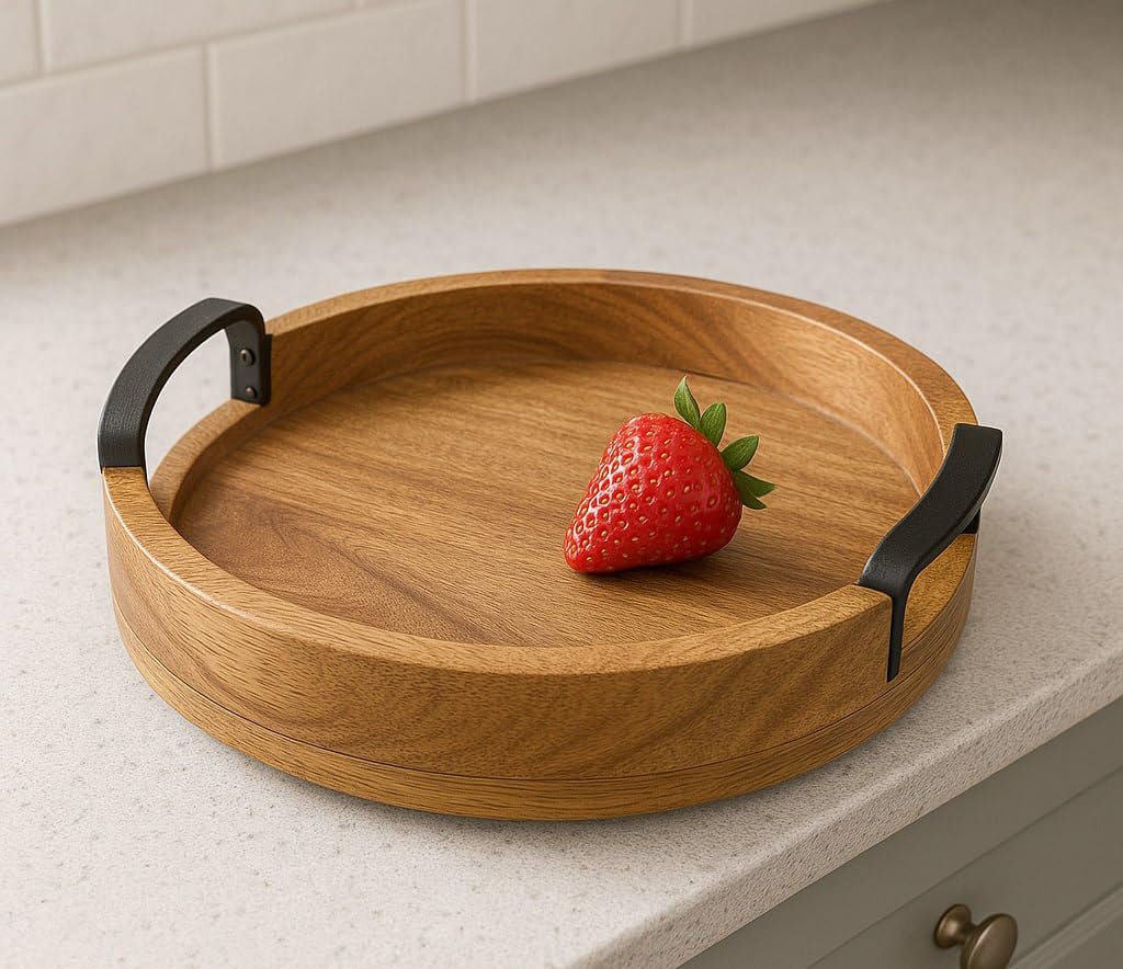 Rustiek rond houten dienblad – bruin houten dienblad – ijzeren handvat – medium 30 x 30 x 3,5 cm