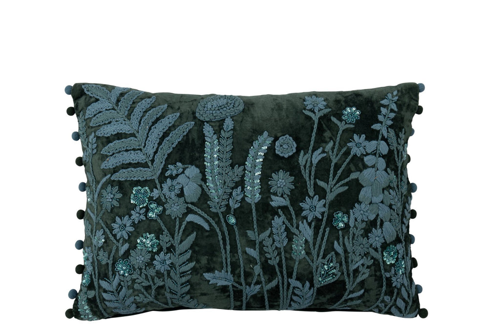 J-Line kussen Blad + Bloem rechthoek - viscose - donkergroen/turquoise