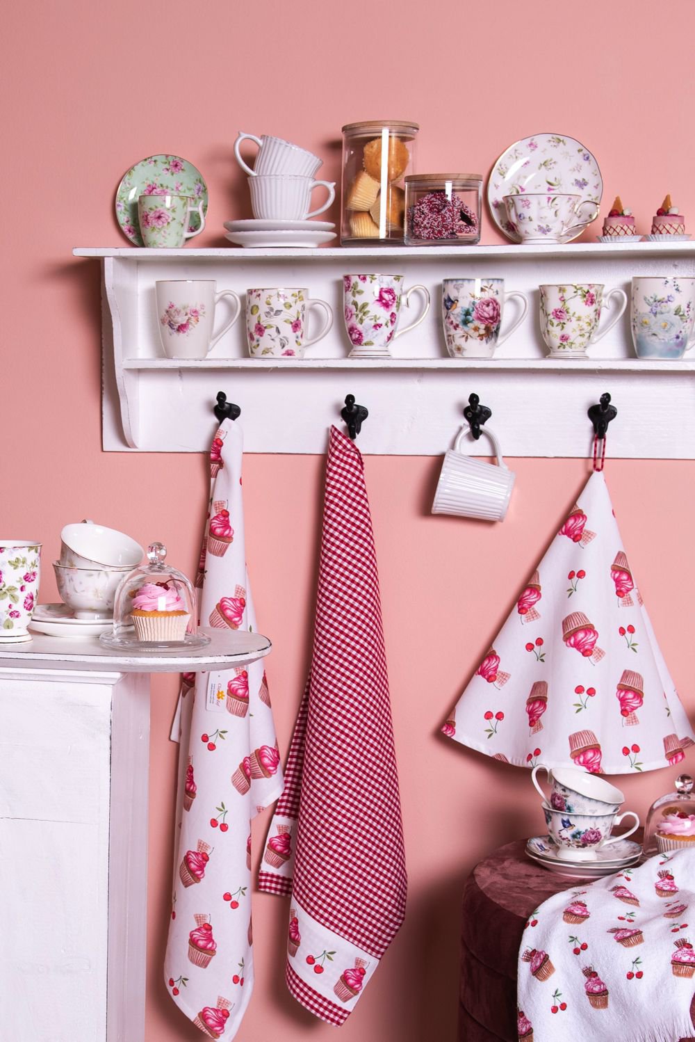 Theedoek 50x70 cm Rood Wit Katoen Cupcakes Keukenhanddoek