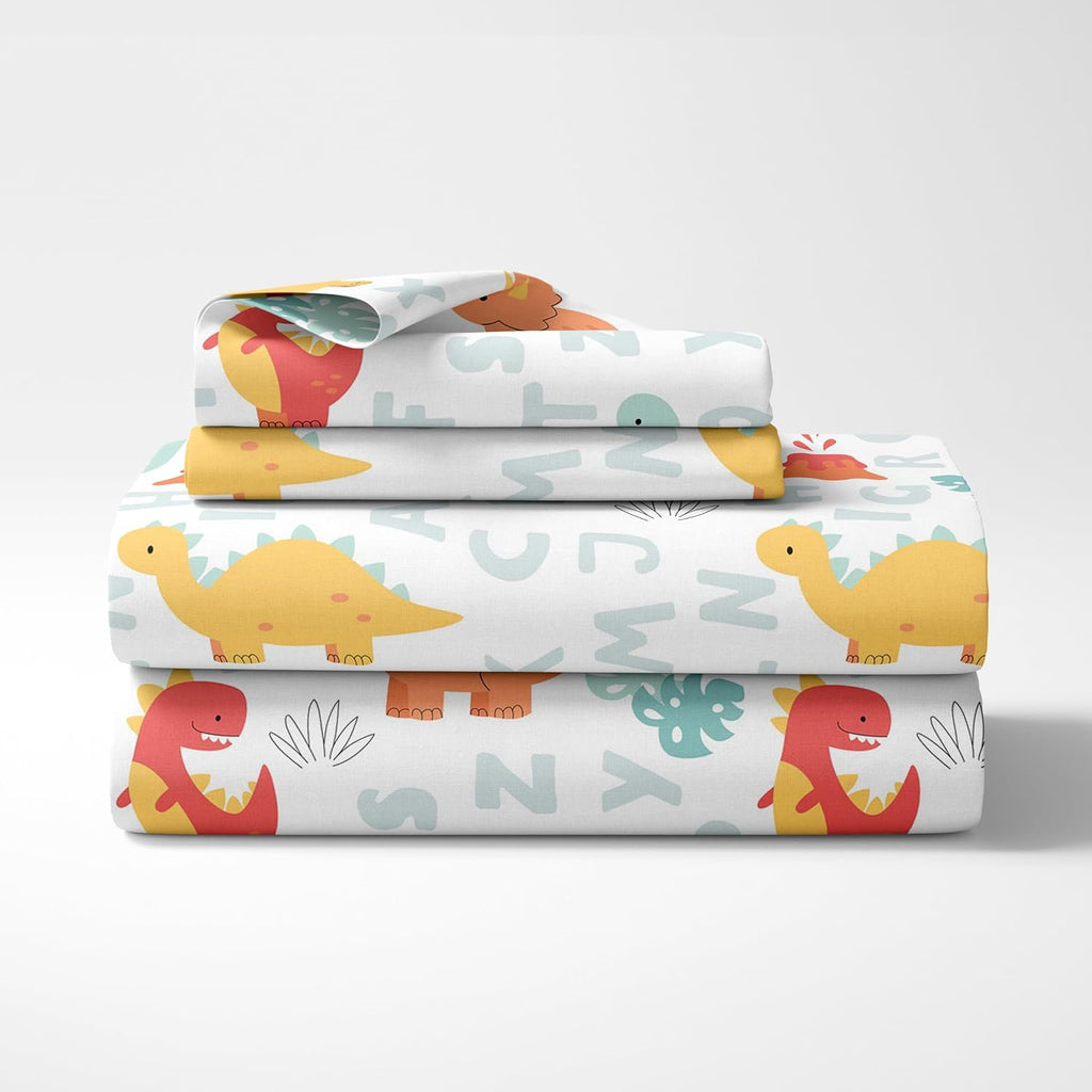 Lakenset voor eenpersoonsbedden - 100% katoen 144TC - Dino-print met alfabet voor kinderen
